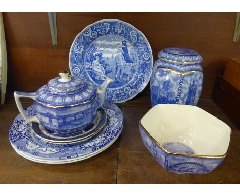 Ringtons blue and white ginger jar, fruit bowl and teapot, four Spode plates and two Booths' Real Old Willow side plates 