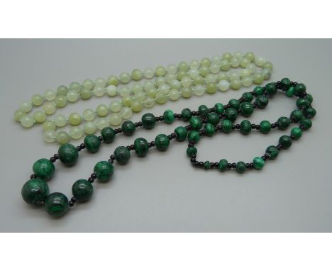A malachite bead necklace and a jade bead necklace 