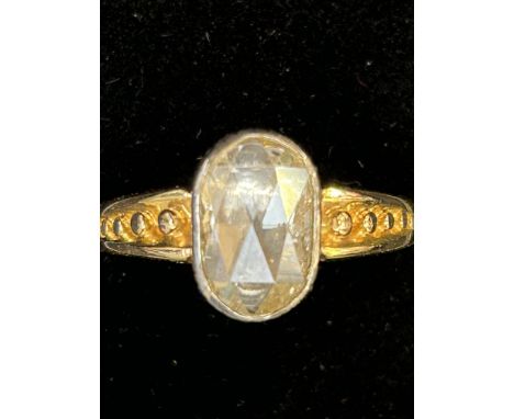 Yellow metal ring set with large crystal gem stone Size N 