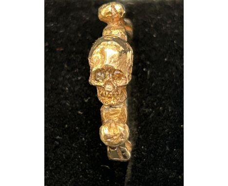 Yellow metal memento mori morning skull ring eyes set with diamonds  weight 6.5g