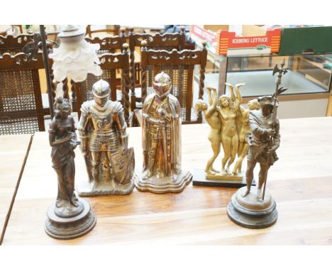 Spelter figure, 2 Fire knights, lamp &amp; others 