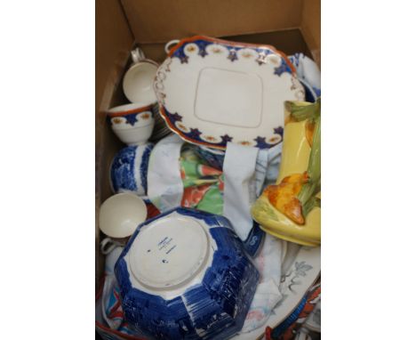 Large box of unsorted ceramics to include a Burleigh ware jug 