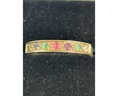 9ct Gold ring set with multi coloured gem stones size M 2.3g 