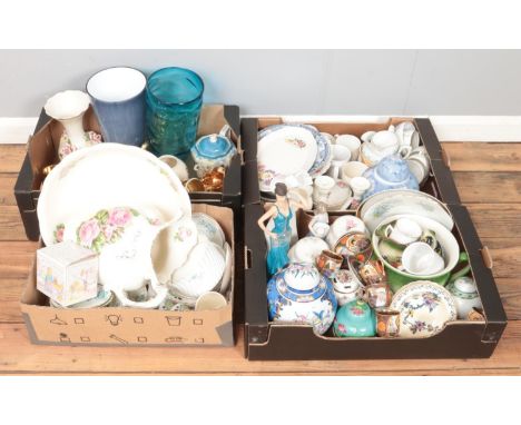 Four boxes of mainly assorted ceramics, to include Lladro figures, Japanese cups and saucers, part tea sets and large vases. 