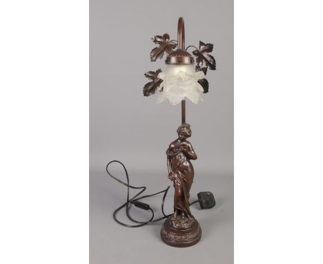 Decorative table lamp of maiden with floral glass shade  