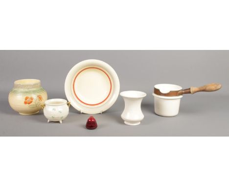 A collection of named ceramics, to include Waechtersbach German ribbed vase, antique Wedgwood ceramic and copper milk pourer,