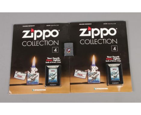 Three Zippo lighters including two unopened Zippo collection magazines featuring Battle of Britain lighter.  Lighter bearing 