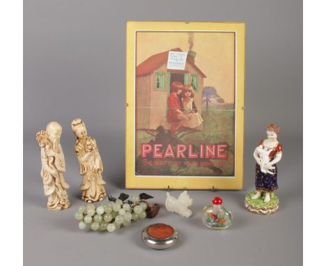 A collection of assorted items, including Oriental jade coloured grapes, reverse painted snuff bottle and eighteenth century 