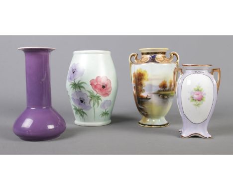 A collection of small vases including purple glazed Ault 8, Radford and Noritake examples.  