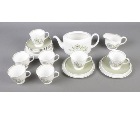 A Susie Cooper Katina pattern tea service to include tea pot, tea cups and saucers.  Tea pot lid is missing.