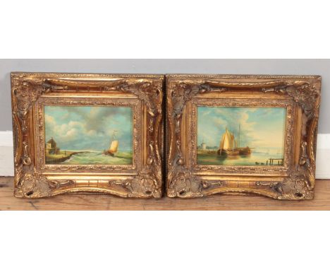 Two gilt framed oil on board seascape paintings, both signed. "T S Robins" and "M Butterworth".  
