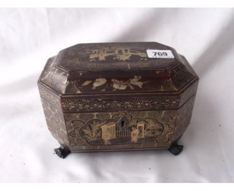 Chinese export tea caddy with lacquered finish &   pewter fitted interior 7.5” wide     