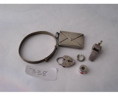 Sterling silver envelope, whistle & engraved  padlock etc        