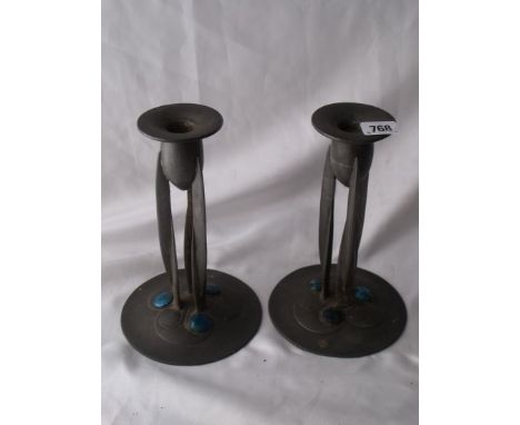 Stylish pair of Tudric pewter &amp; enamel decorated candle sticks model No ...0223 9” high
