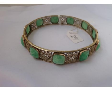 Large silver gilt and green stone bangle 31g    