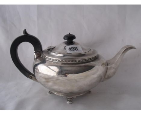 Circular compressed tea pot with husk rim on bracket   feet 11” over handle Sheff 1924 by MH Co  660g   