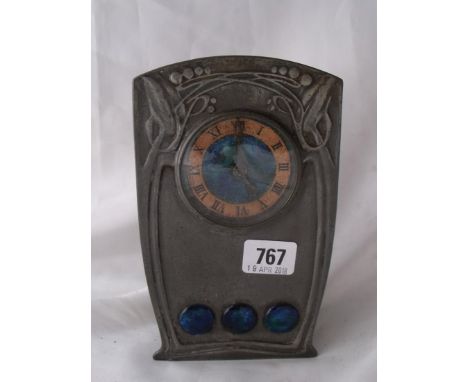 Art Nouveau Tudric pewter &amp; enamel decorated mantle clock 8” high model No....0369