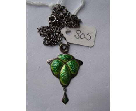 Silver and green enamel pendant on silver chain   