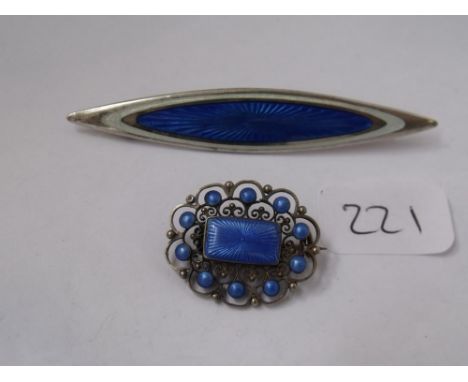 Two silver and blue enamel brooches: one  hallmarked for 1920, the other Scandinavian.    