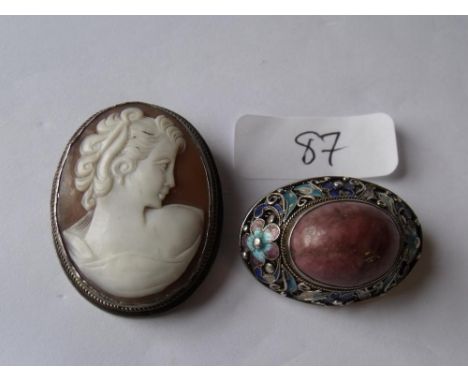 Chinese stone set silver and enamel broochc and a silver mounted cameo brooch     