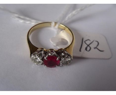 Good 18ct gold three stone ruby & diamond ring  approx size K        