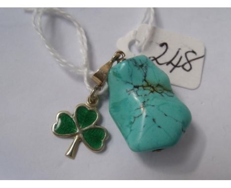 Large turquoise 9ct mounted pendant also a green enamel 9ct shamrock pendant     