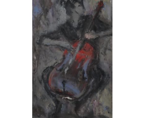 Dorothy Bradford, playing the cello, oil on paper, 20 x 13.5cm, together with six assorted abstracts by different hands