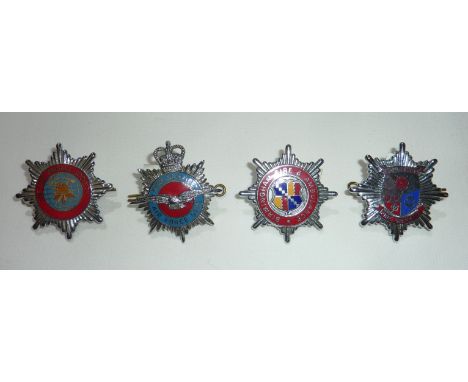 Four fire service enamel cap badges including Royal Air Force Department, Fire brigade Society, Birmingham Fire and Ambulance