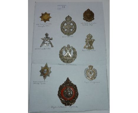 Sheet of nine military cap badges including 4th Prince of Wales Own Gerka Riffles, Enamel Argile and Southerland Highlanders 