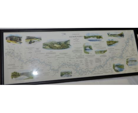 Framed print fisherman's map of salmon pools on the river Tweed, signed by Nigel Holdsworth 