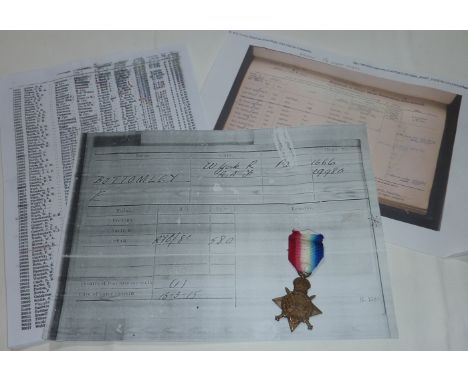1914/1915 star awarded to 1566 Pte. E. Bottomley W.York. R with photocopy of service records