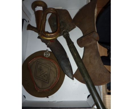 Miscellaneous Lot comprising of military trench tool, double headed axe, bugle, Kukri knife and beret 