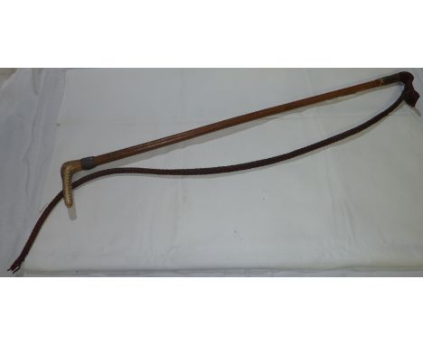 Antler handelled hunting whip with braided leather whip and mallacca cane