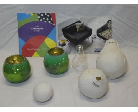 Two modern Conran glass vases, three Serax ceramic onion vases, a Serax light bulb vase, etc