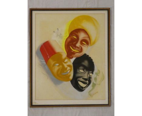 A coloured Hyman Segal poster print depicting theatrical masks, 23½" x 19", framed and glazed
