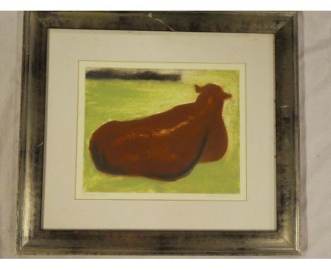 A coloured limited edition print of a bull "George", signed in pencil Janet Lyle No. 9/20, framed and glazed
