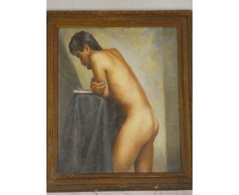 Artist unknown - oil on boardThree-quarter length portrait of a male nude, 23" x 19"