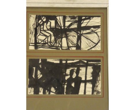 R**J** Lloyd - pen and inkTwo studies of figures, signed and dated '63, 4½" x 9½", framed as one