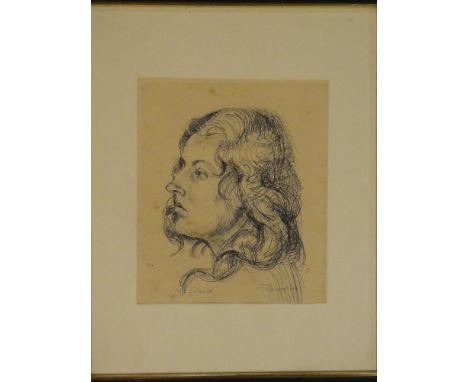 Jack Pender - pen and inkPortrait of Pat Fishwick reclining and one other similar bust portrait, signed and inscribed, 10" x 