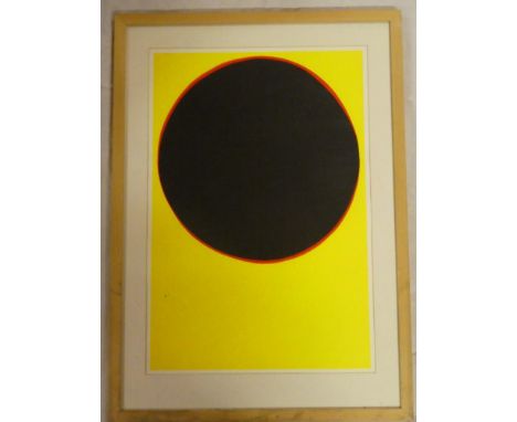 An untitled abstract silk screen print - black and red on yellow, framed and glazed
