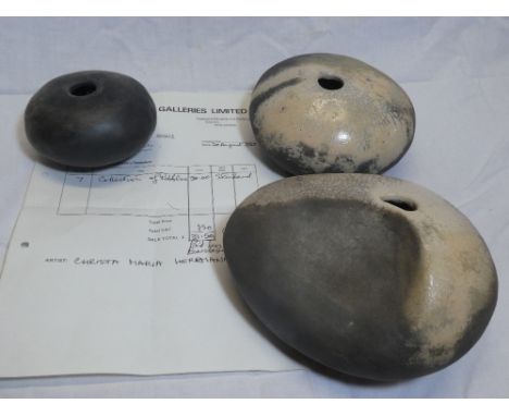Three Studio ceramic pebble vases by Christa Maria Herrmann with original Newlyn Orion Galleries receipt dated 1983