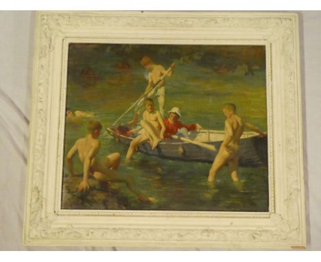 A coloured print on canvas depicting nude boy bathers after Henry Scott Tuke, framed