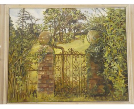 F Bennett - oil on canvasGarden gate scene, signed, 15½" x 19"