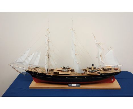 Scale model of the Danish three masted Training Ship 'Danmark' fully rigged on integral stand, L105cm, H64cm