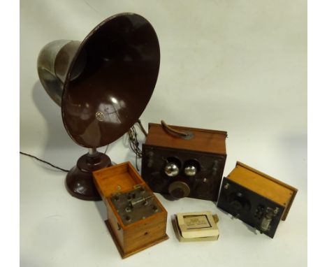 British Thomson-Houston white metal and bakelite horn speaker H56cm with BTH walnut and bakelite cased receiver, and two crys