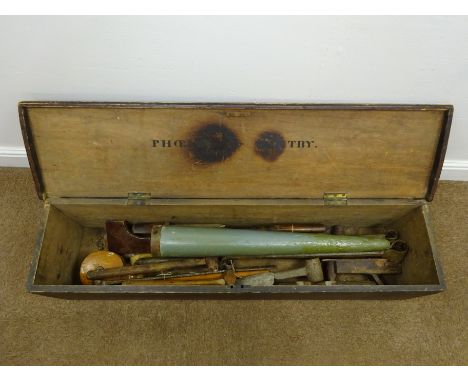 19th century painted pine rectangular box, hinged lid named 'Phoenix Whaler of Whitby 1816' containing a collection of Shipwr