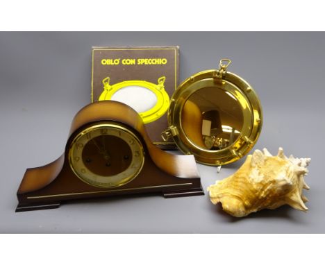 Brass Porthole type wall mirror in box, Conch shell and a Franz Hermle Westminster chime mantel clock in Napoleon Hat shaped 