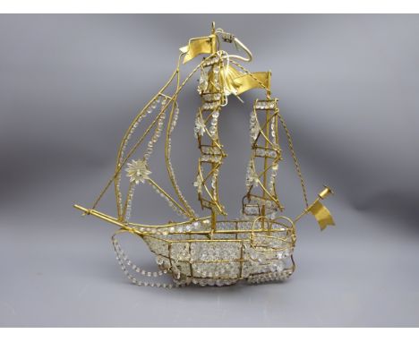 Unusual openwork metal hanging light fitting in the form of a two masted Galleon with lifeboats and anchors, all over hung wi