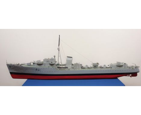 Large scale model of the Destroyer Javelin F61 painted in battle colours, with plans, L178cm, W22cm, H61cm. 