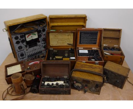 Testing equipment in wooden cases including Covermeter Mk.VI, L &amp; N Potentiometer Indicator, Radio City Products Model 31